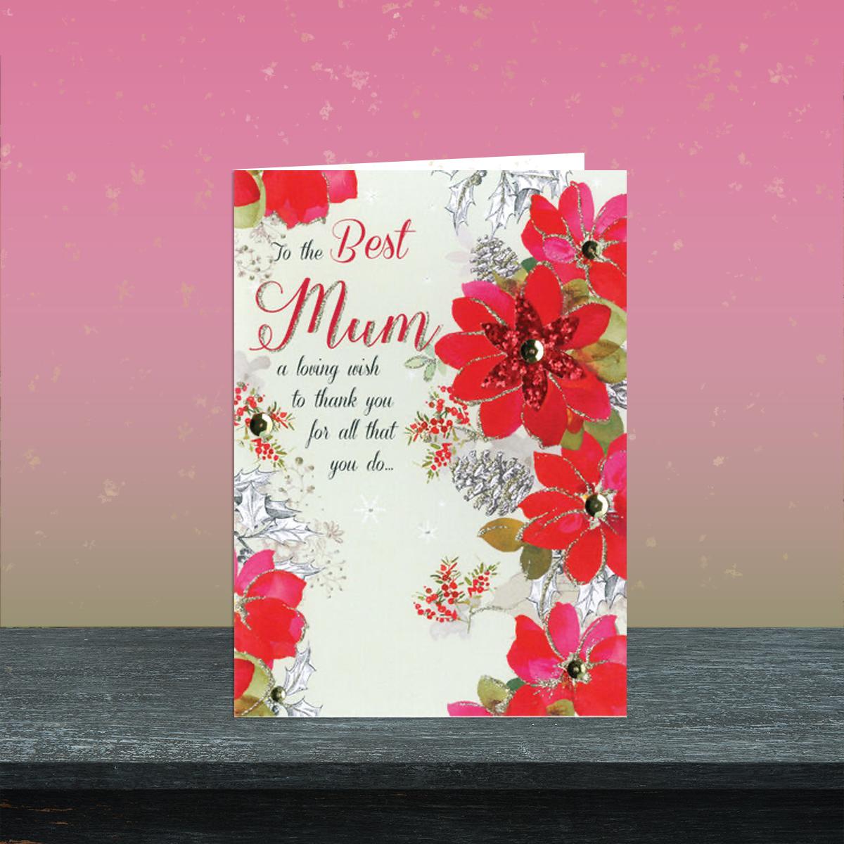 Mum Poinsettia Christmas Card Alongside Its Red Envelope