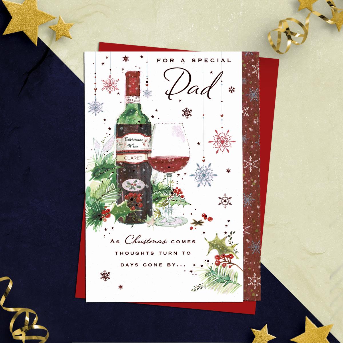 Special Dad Red Claret Wine Christmas Card Alongside Its Red Envelope