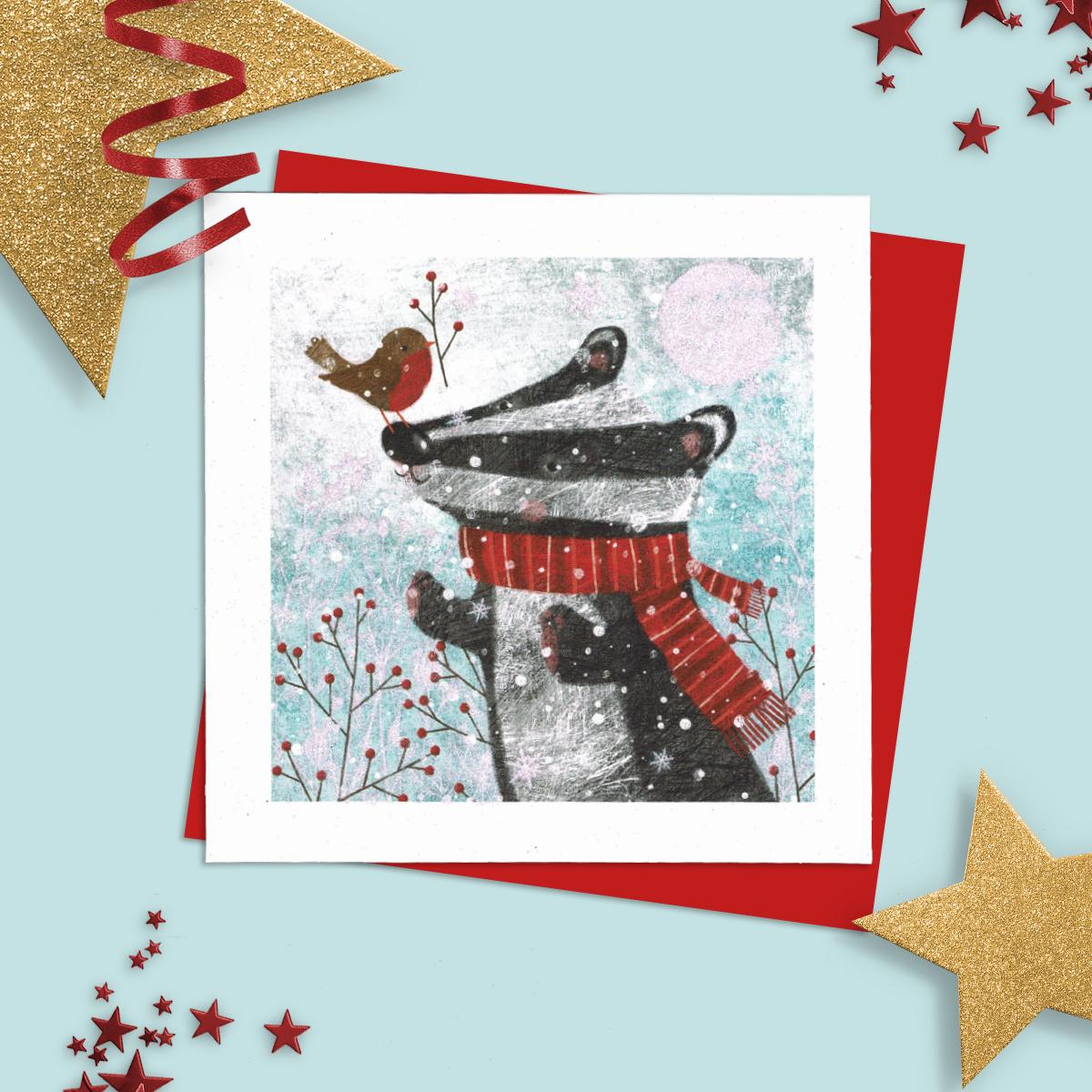 General Christmas Card Featuring A Badger In Scarf With Robin On His Nose! Added Sparkle And Red Envelope To Complete