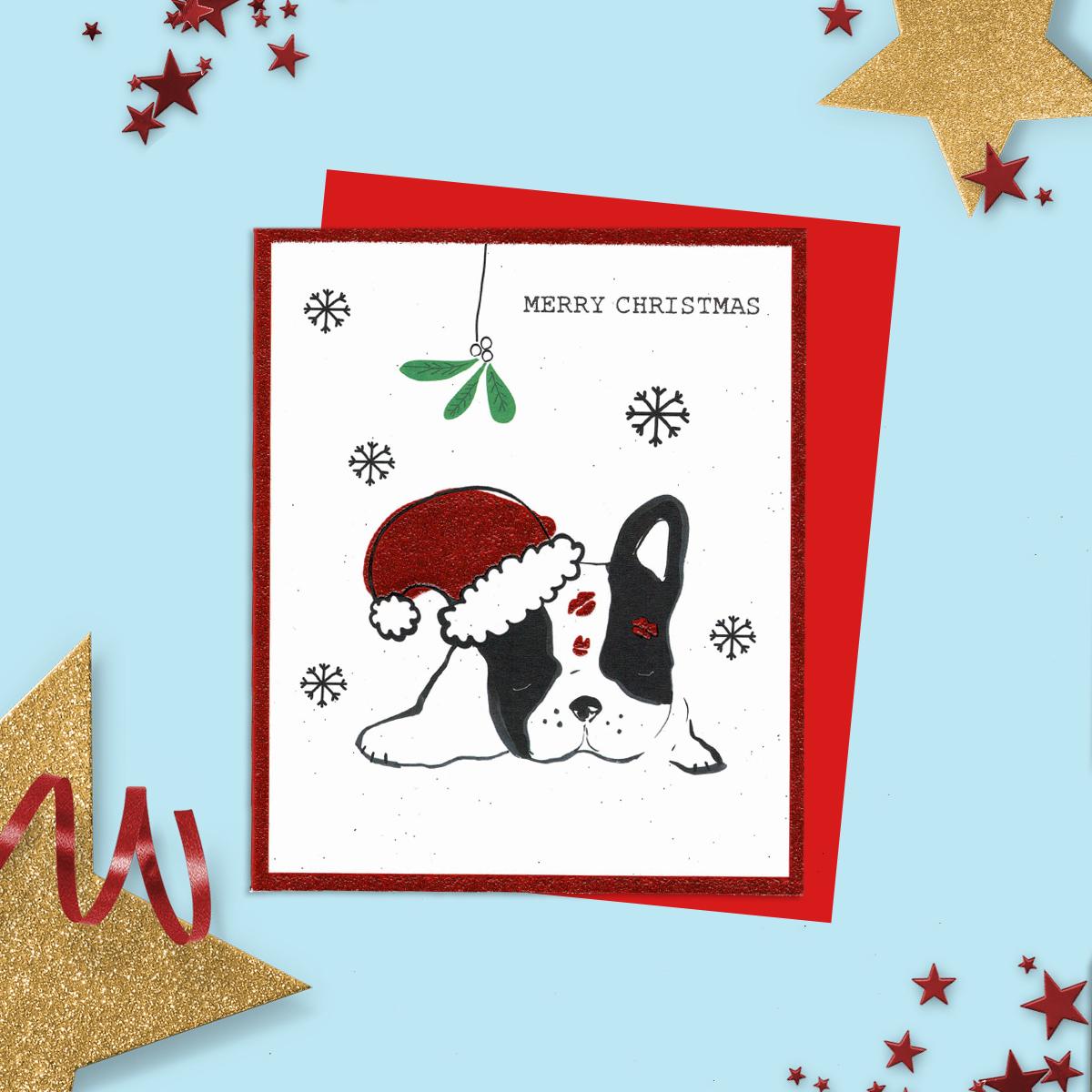 General Christmas Card Featuring A French Bulldog Under the Mistletoe! Red Glitter And Envelope To Complete