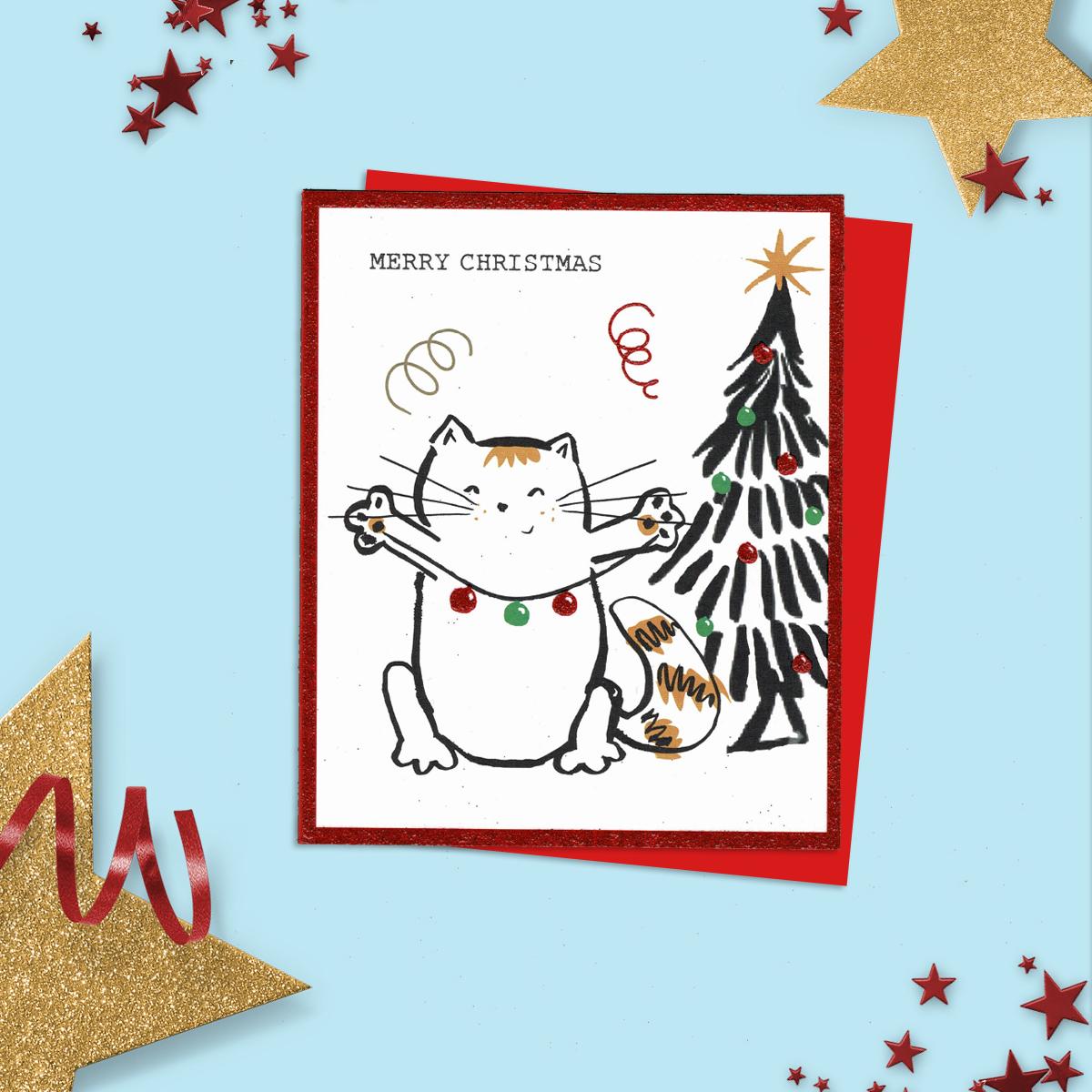 General Christmas Card Featuring A Doodled Cat with Christmas Tree And Lights. Added Red Glitter And Envelope To Complete