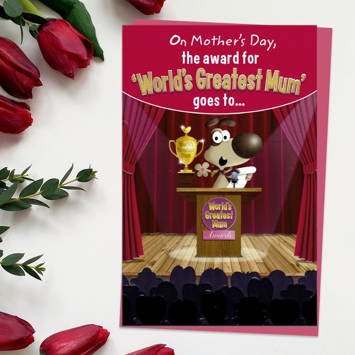 ' Worlds Greatest Mum' Award Mother's Day Card With Pop Out Trophy Inside. Complete With Bright Pink Envelope