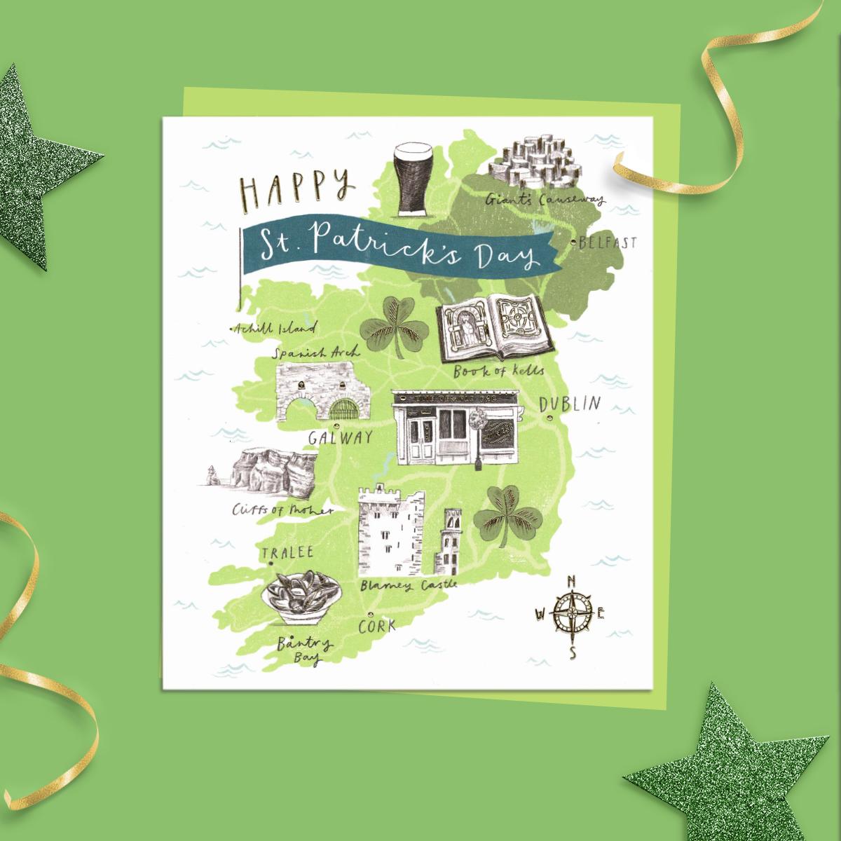 ' Happy St. Patrick's Day' Showing Map And Landmarks. With Lime Green Envelope