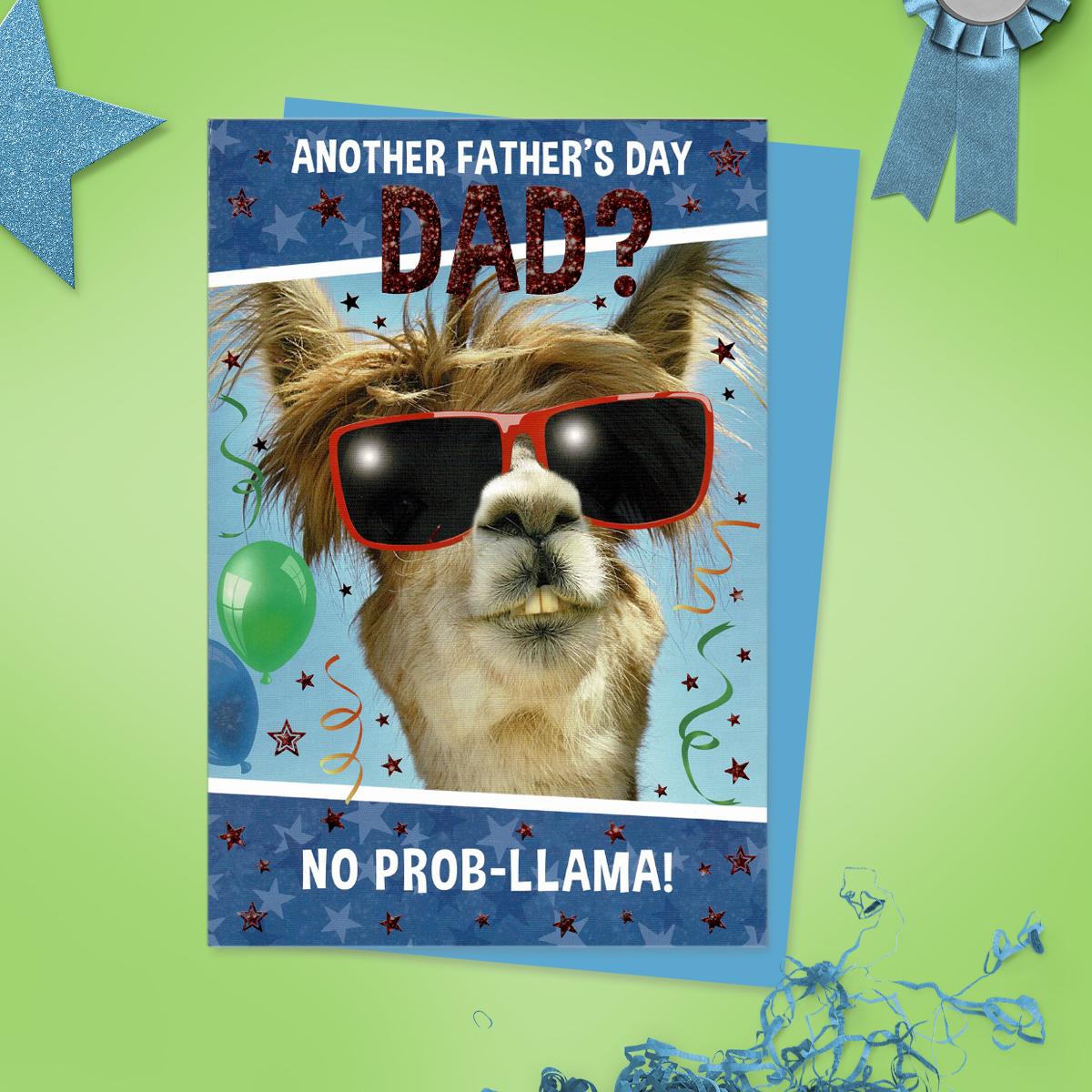 'Another Father's Day Dad? No Prob-Llama!' Card Featuring A Photographic Llama In Sunglasses! Complete With Blue Envelope