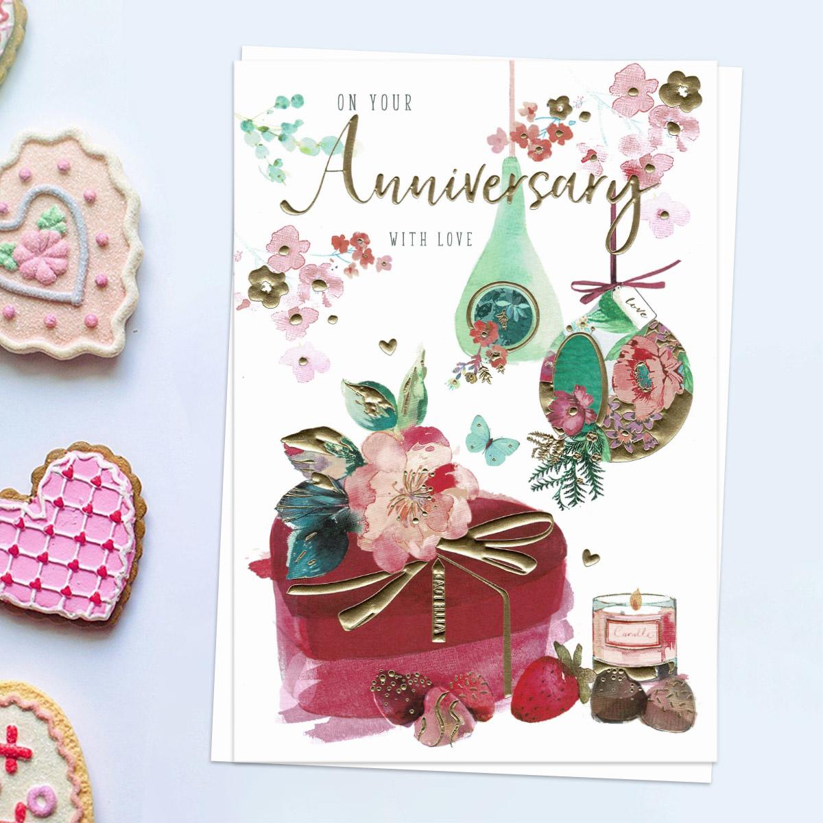 On Your Anniversary Red Heart Chocolate Box Card Front Image