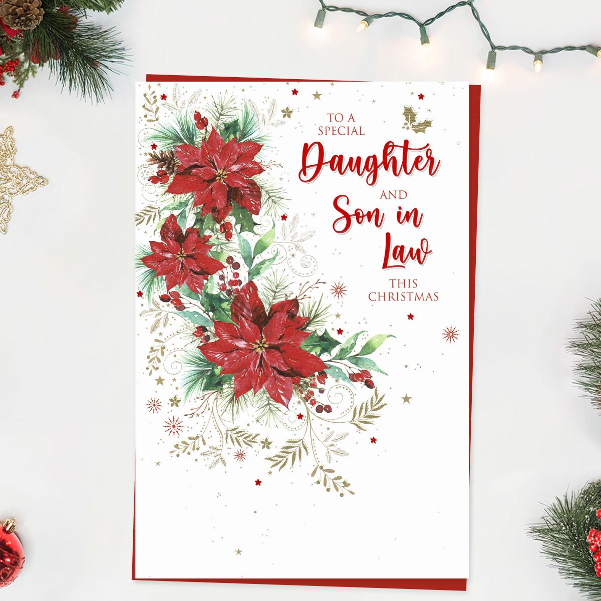 Daughter And Son In Law Christmas Poinsettias Card Front Image