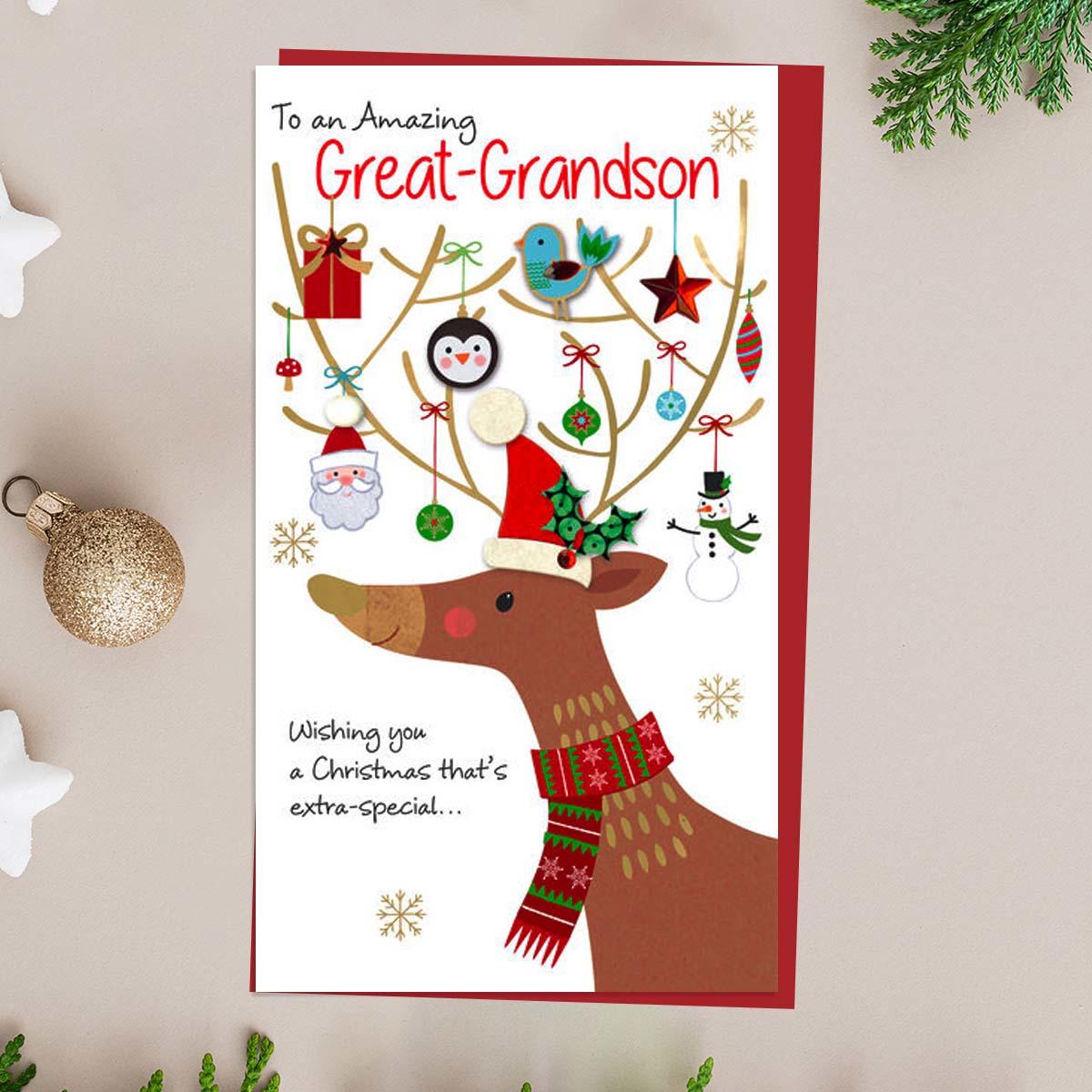 Amazing Great Grandson Christmas Reindeer Card Front Image