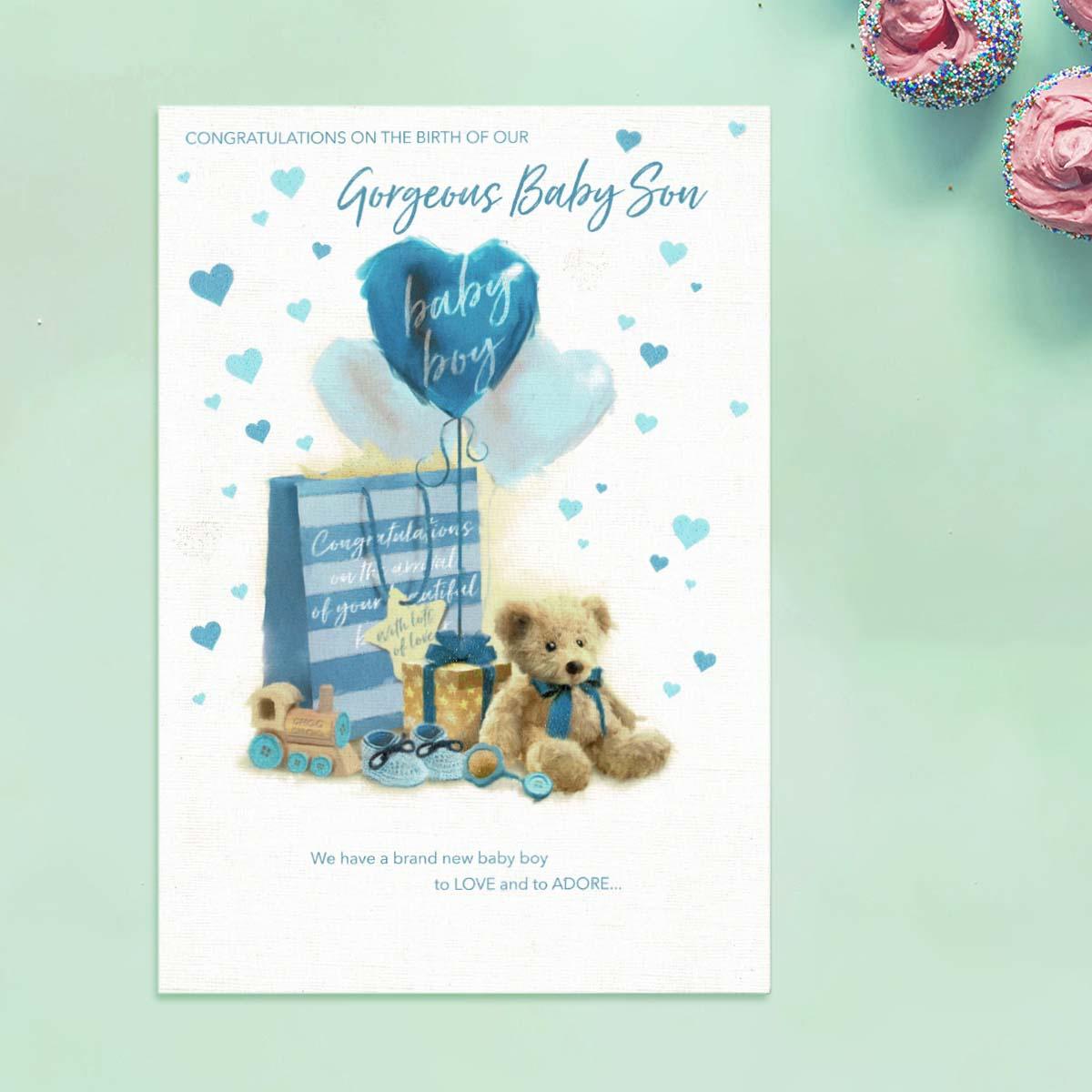 Birth Of Our Gorgeous Baby Son Card Front Image