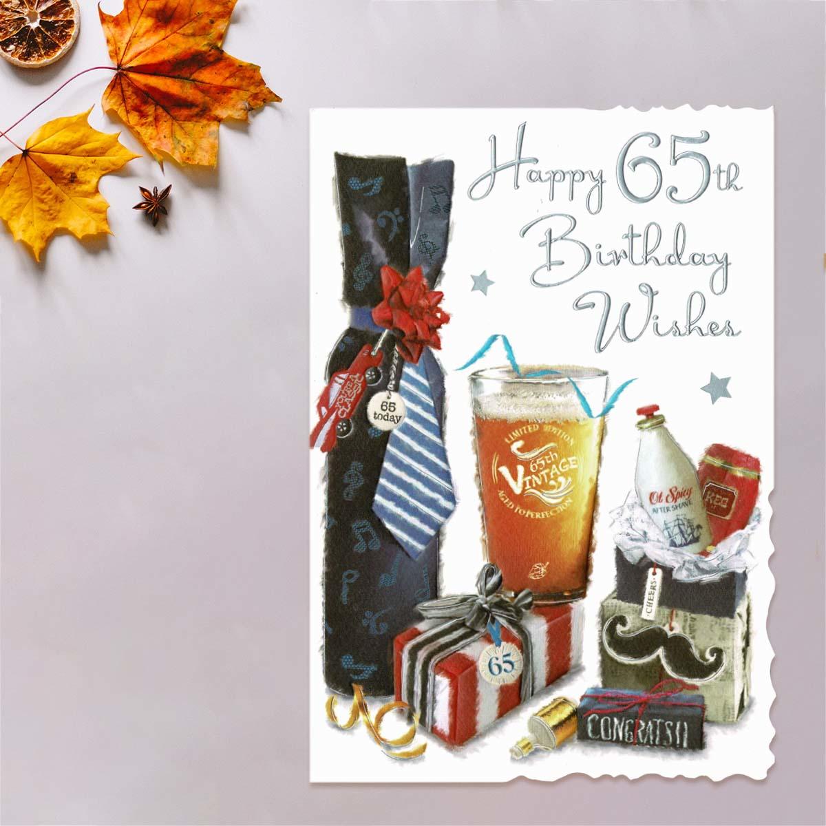 Happy 65th Birthday Wishes Pint Of Beer Card Front Image
