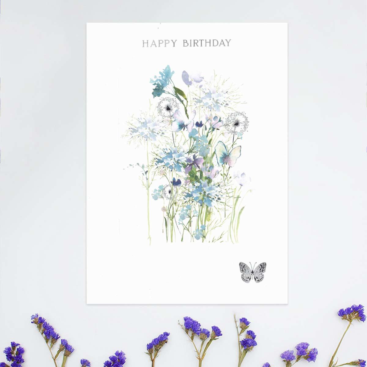 Flower Press - Happy Birthday Blue Butterflies Card Front Image