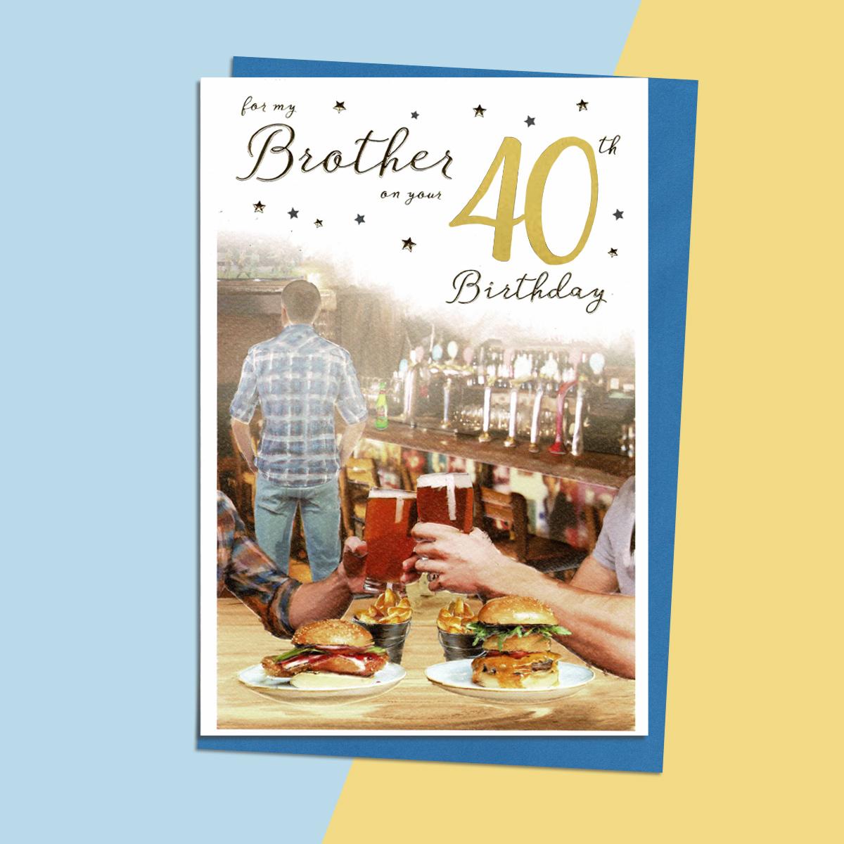 Brother Age 40 Birthday Card Alongside Its Royal Blue Envelope