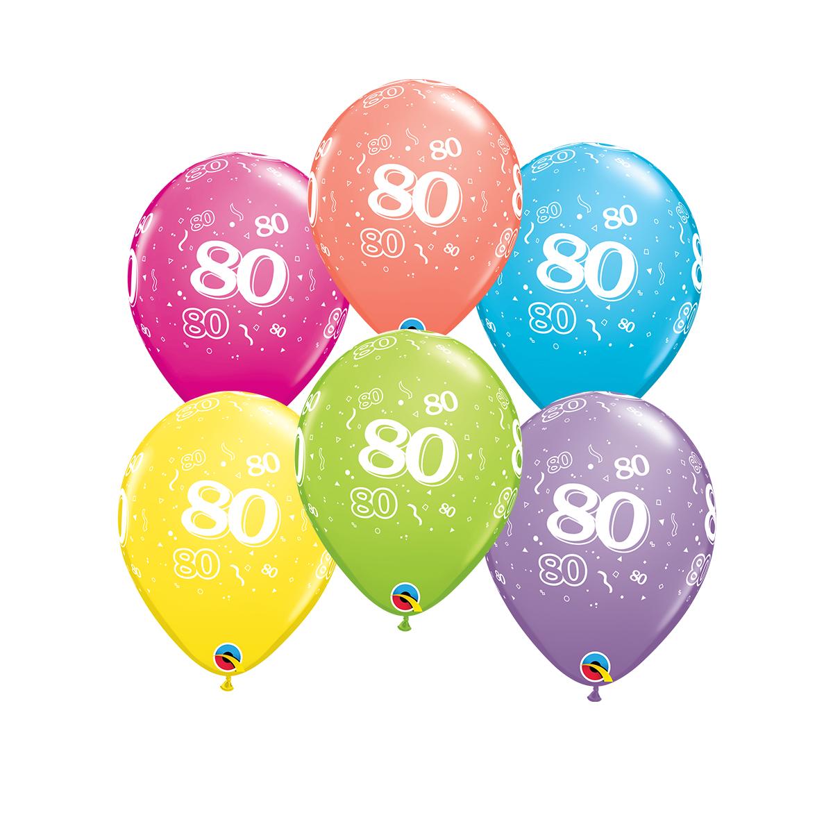 Image Of 6 Inflated Multicoloured Age 80 Latex Balloons
