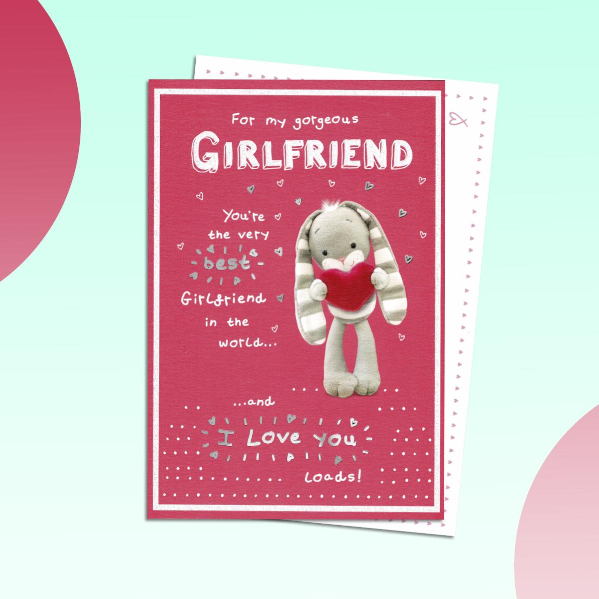 Girlfriend Birthday Card Featuring A Cute Bunny Holding Love Heart