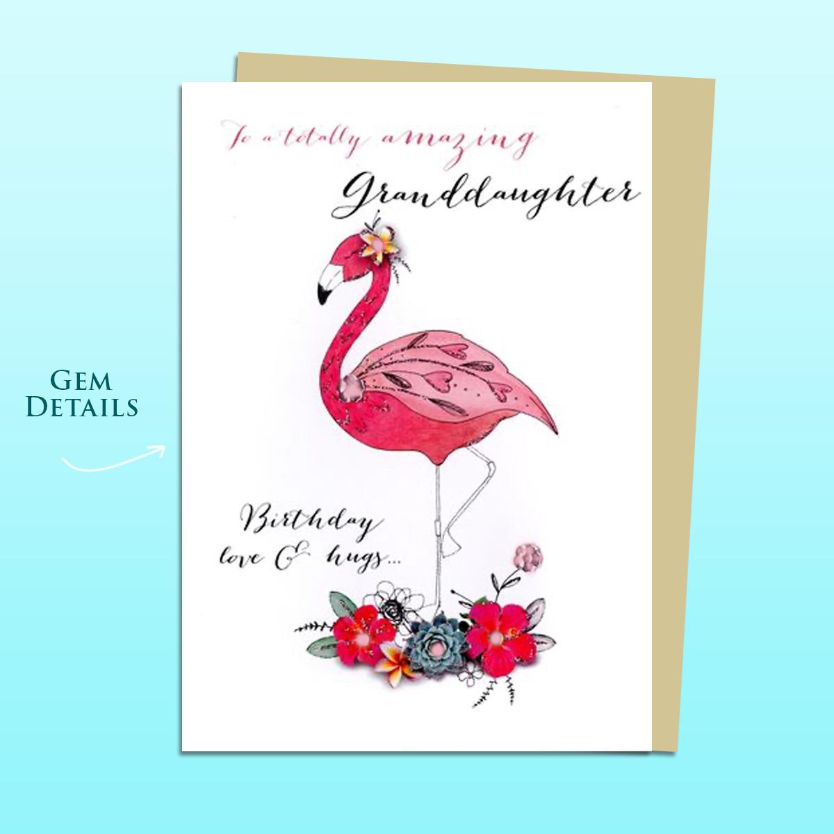 Granddaughter Flamingo Themed Birthday Card Alongside It's Ivory Envelope