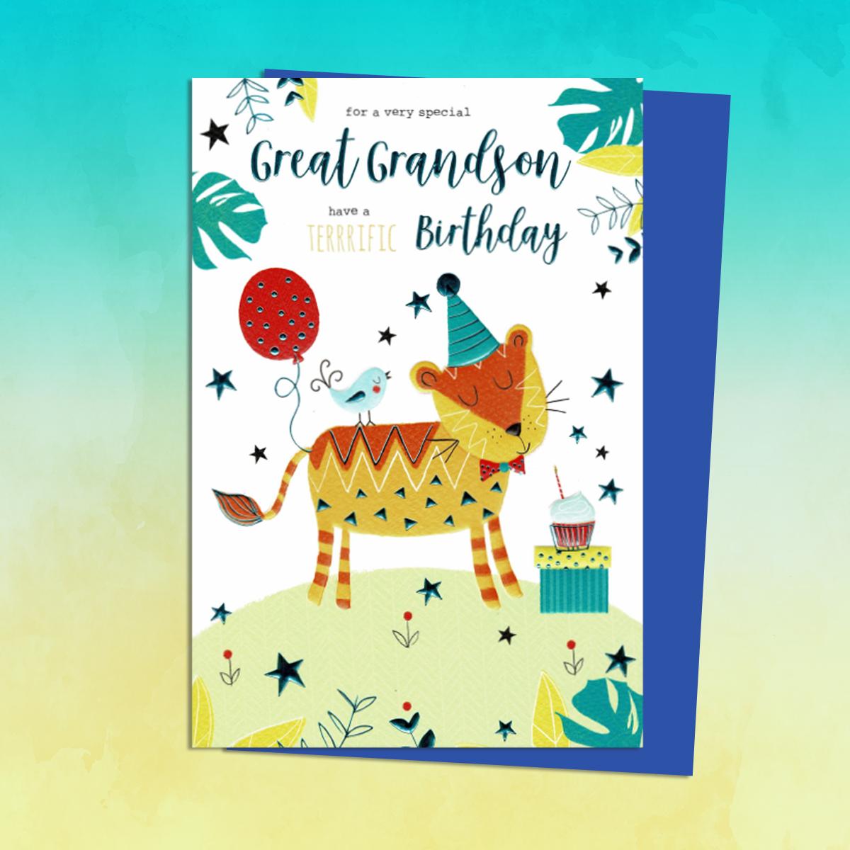 Great Grandson Birthday Card Featuring A Lion Wearing A Party Hat