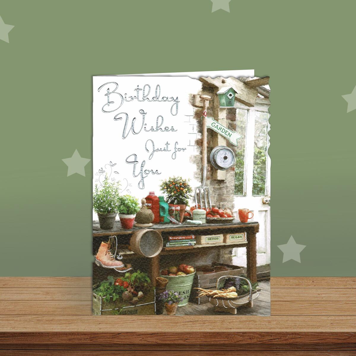 Gardening Themed Birthday Card Alongside Its White Envelope