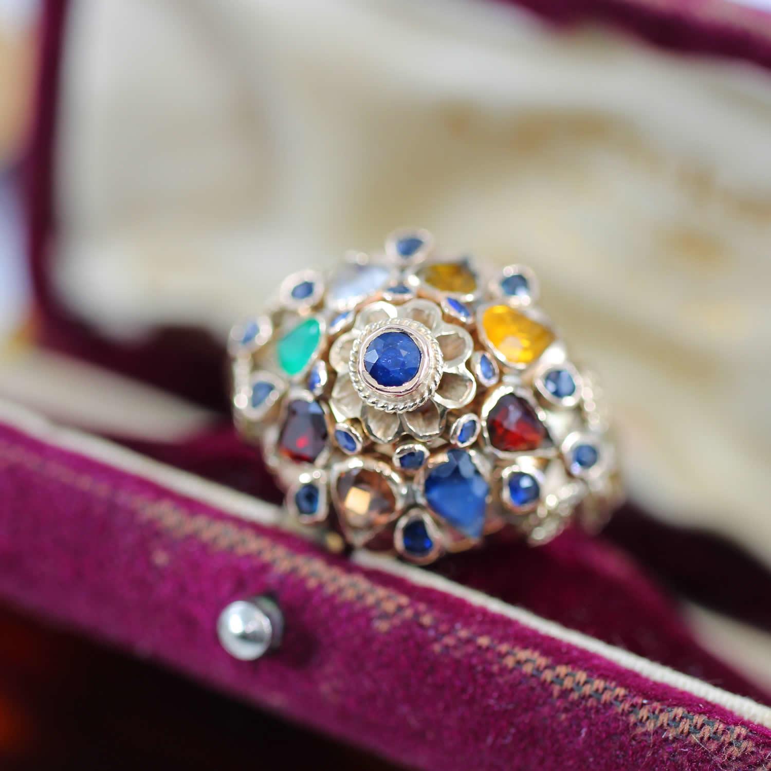 18 Carat Gold Princess Harem Ring Multi Gemstone Domed Cluster Ring
