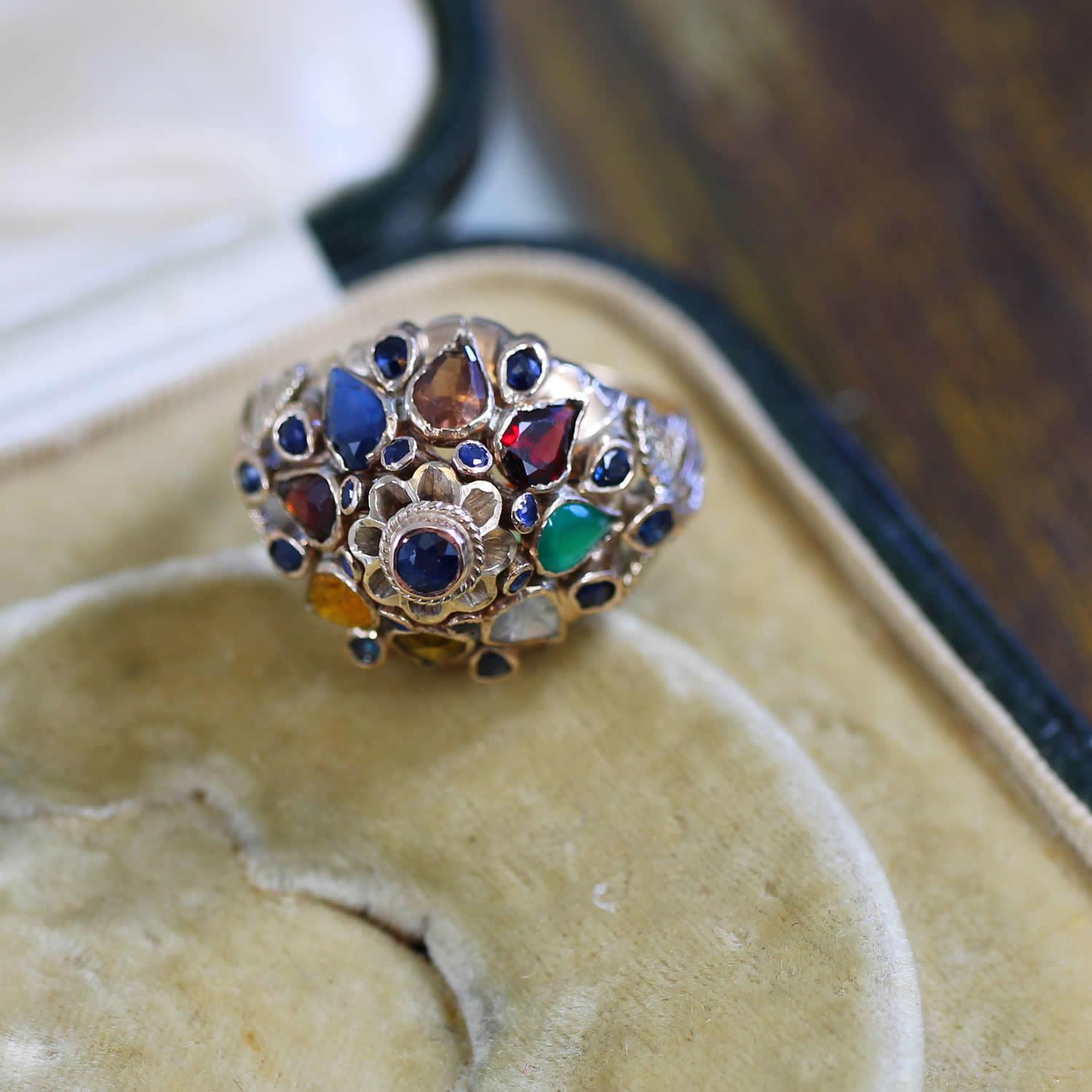 18 Carat Gold Princess Harem Ring Multi Gemstone Domed Cluster Ring