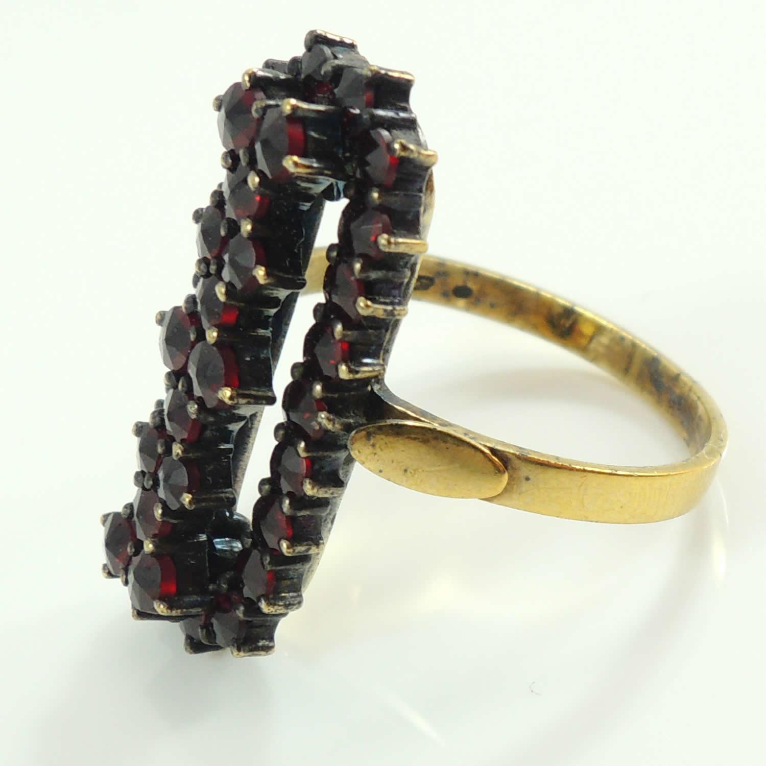 Vintage Bohemian Rose Cut Garnet 900 Silver Gilt 2 Tier Cluster Czech Ring