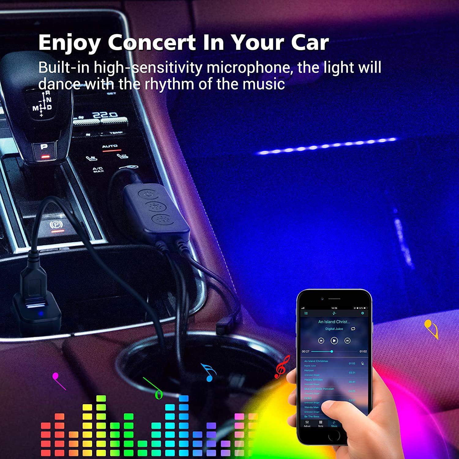 Wireless APP Control Car Interior LED Ambient USB Strip Lights RGB