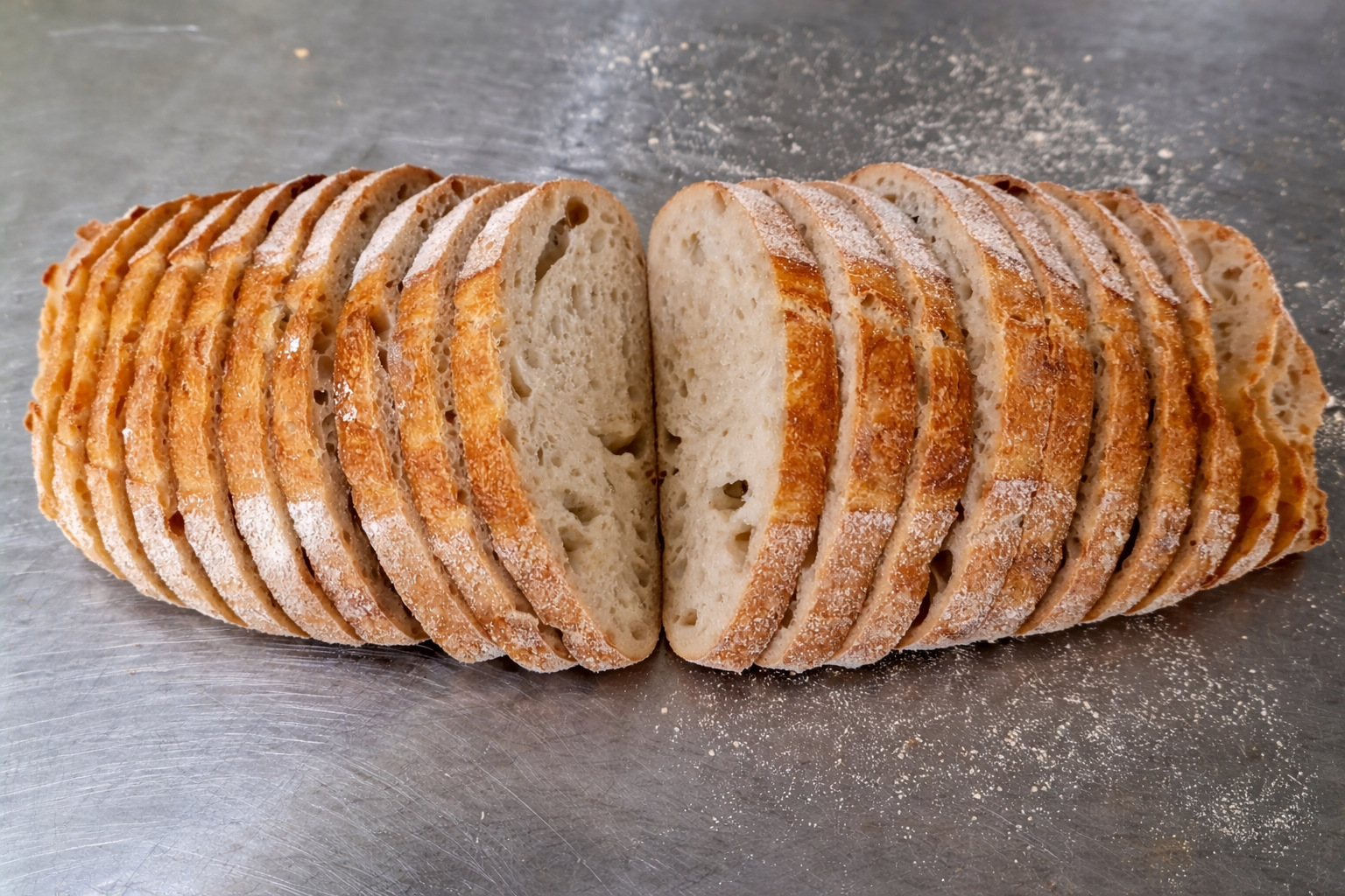 sliced sour dough loaf split in two on stainless table