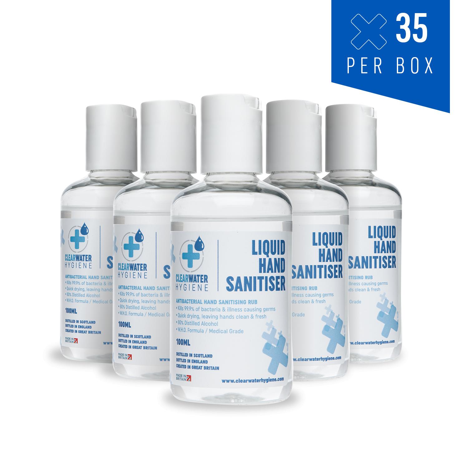 80% Ethanol Hand Sanitiser Liquid Rub - 35 x 100ml Bottle Multipack (Certified Medical Grade / Made in the UK)
