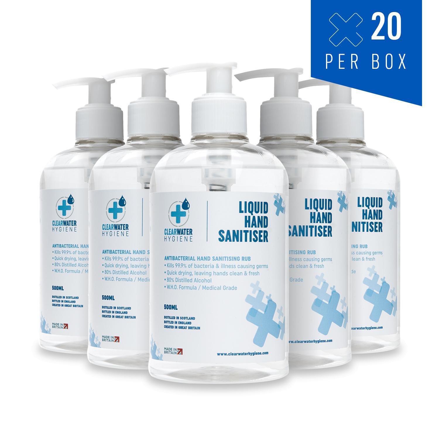 80% Ethanol Hand Sanitiser Liquid Rub - 20 x 500ml Bottle Multipack (Certified Medical Grade / Made in the UK)