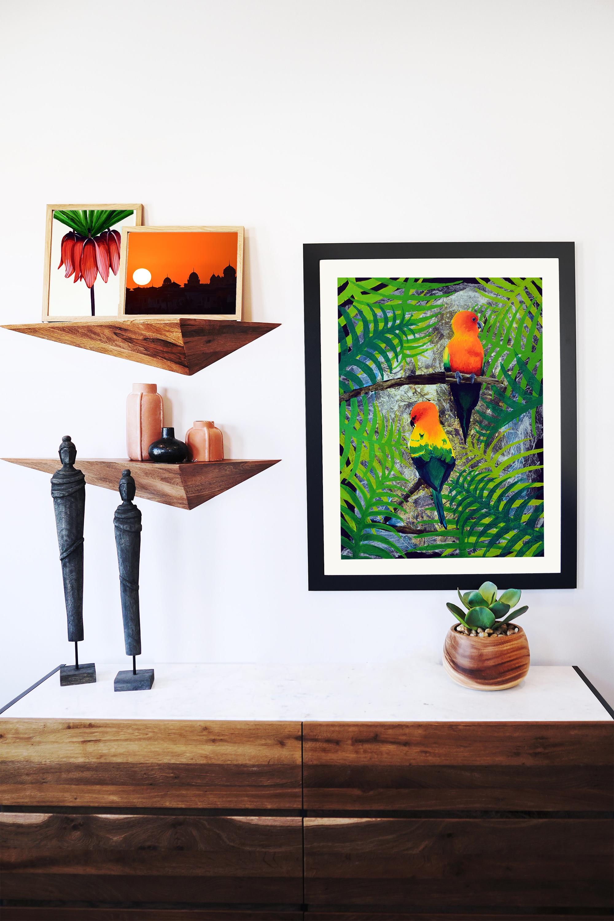 Parrots wall art print in a black frame