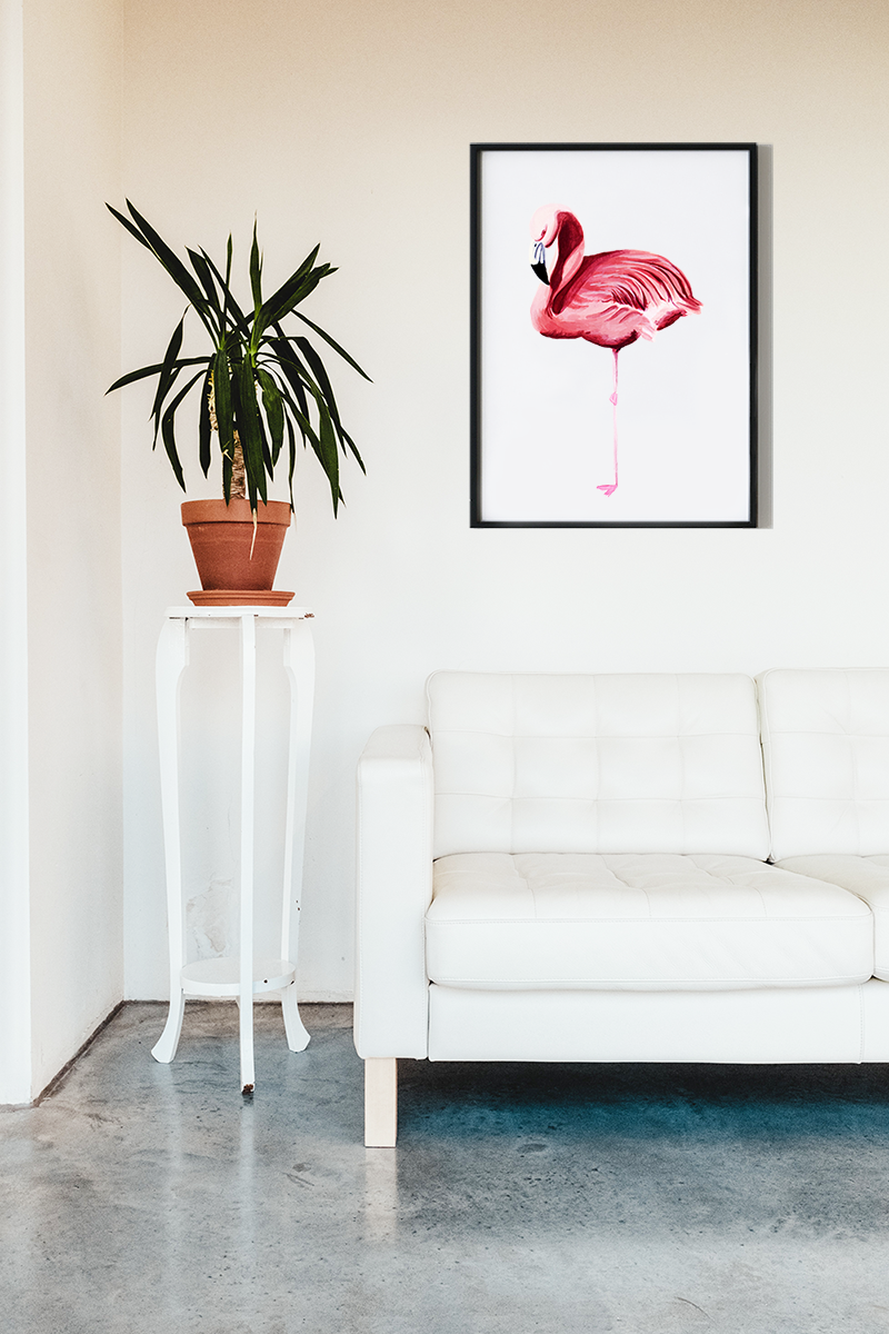 Flamingo art print in a minimalist living room by Lucinda Watt