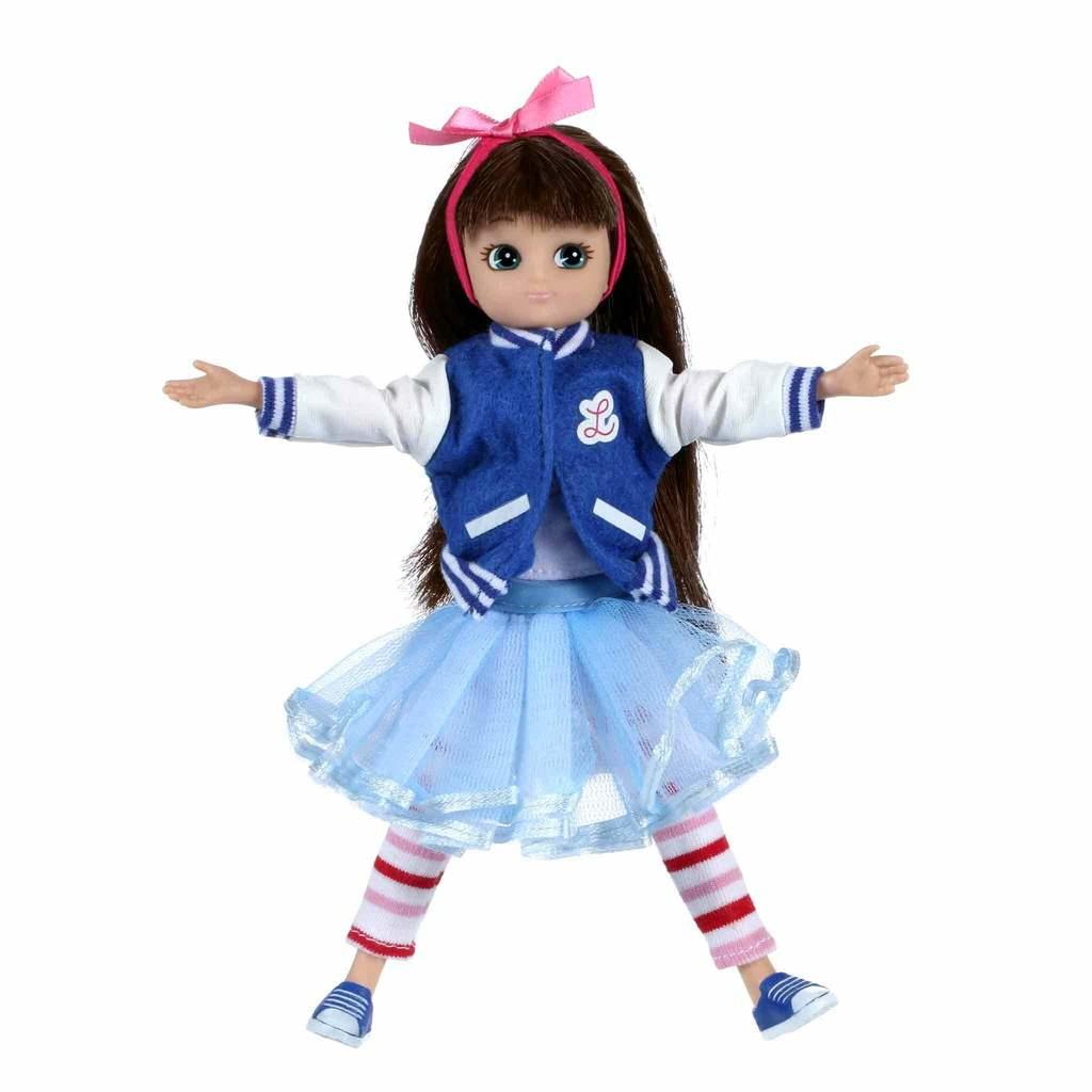Lottie Rockabilly Doll with baseball jacket and skater skirt.
