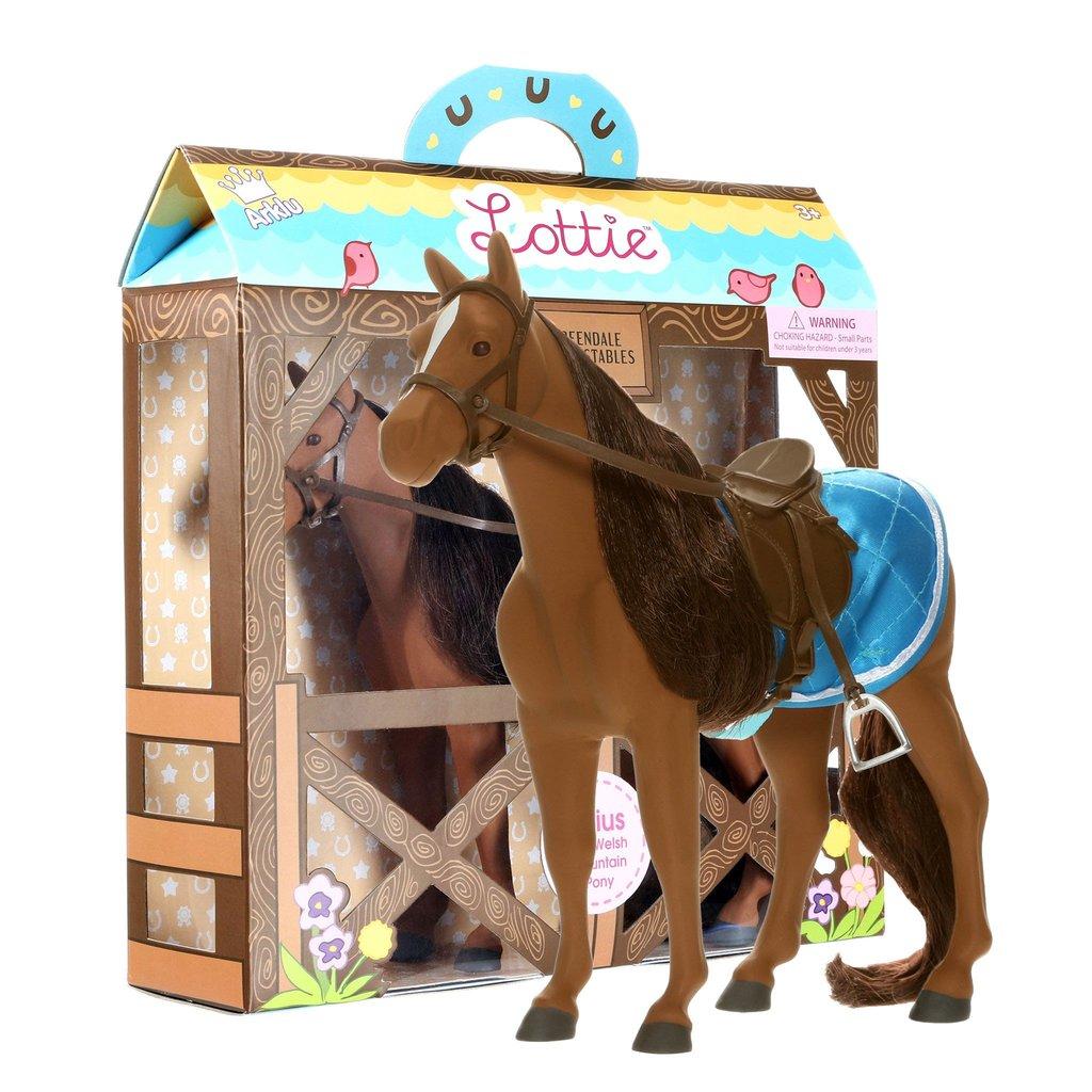 Lottie Sirius pony standing beside manufacturer's packaging.
