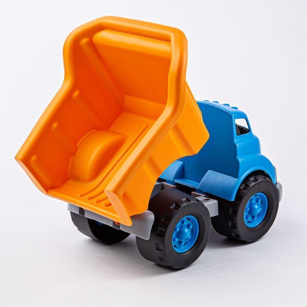 Blue and orange dump truck tipping.