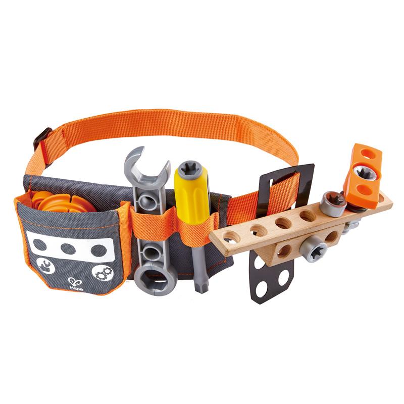 Tool belt with a pocket and loops holding children's tools.
