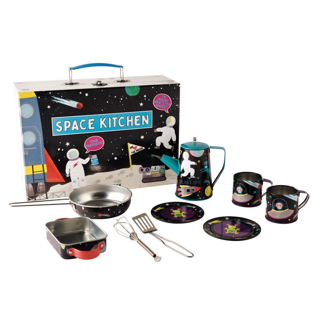 Carry case with contents - picture shows tin mugs, plates and other utensils decorated with a space theme.