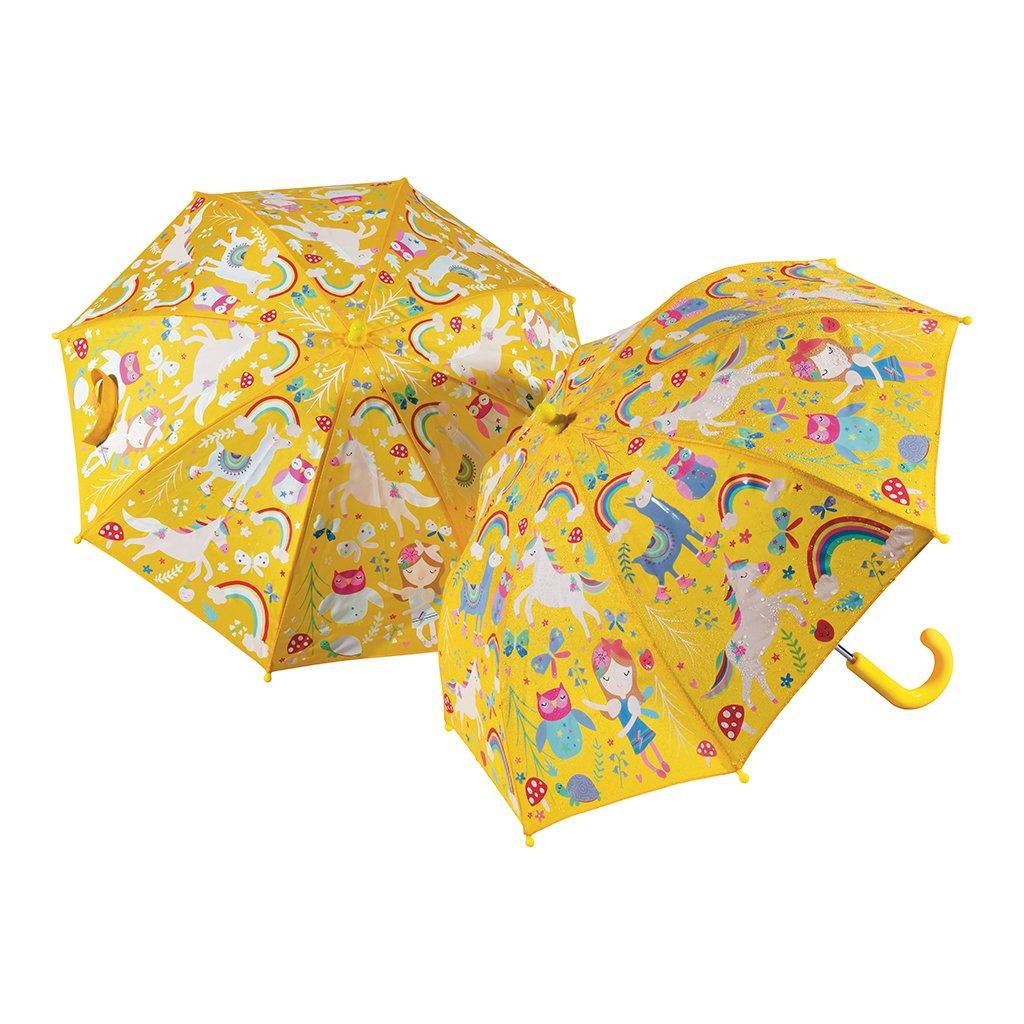 Umbrellas with fairy and unicorns - one shows the umbrella when dry and the other when wet.