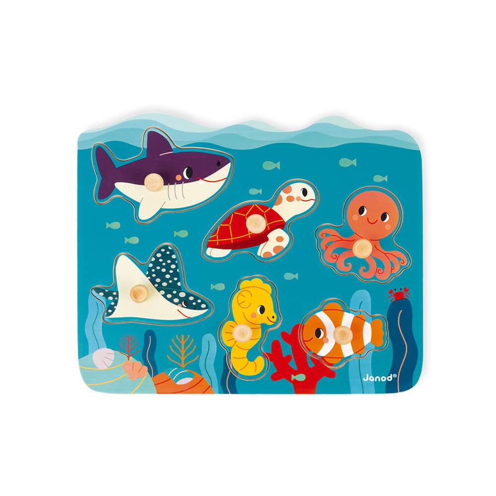 Wooden jigsaw puzzle with colourful sea creatures.