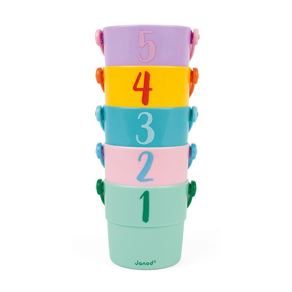 Children's play buckets stacked to show numbers 1-5.