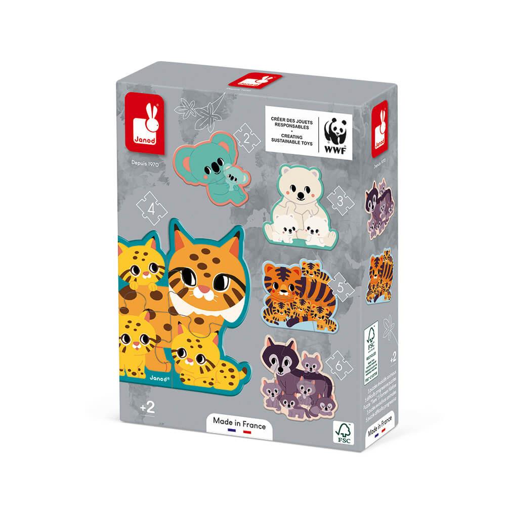 Box containing the set of 5 animal family puzzles for young children