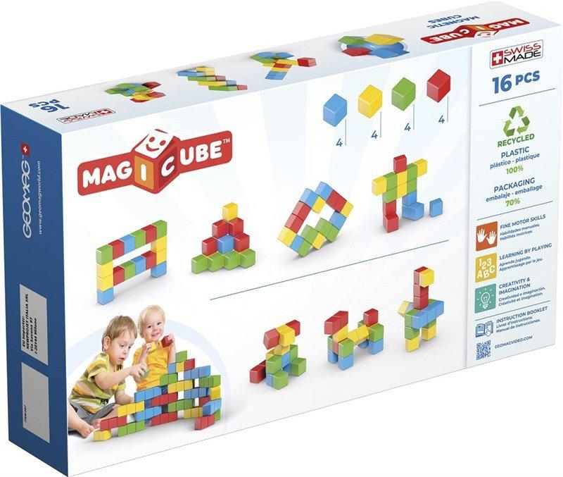 Reverse side of the manufacturer's box containing colourful magnetic cubes. White background.