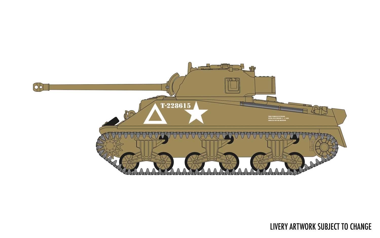 Detailed pen and ink illustration of Sherman tank.