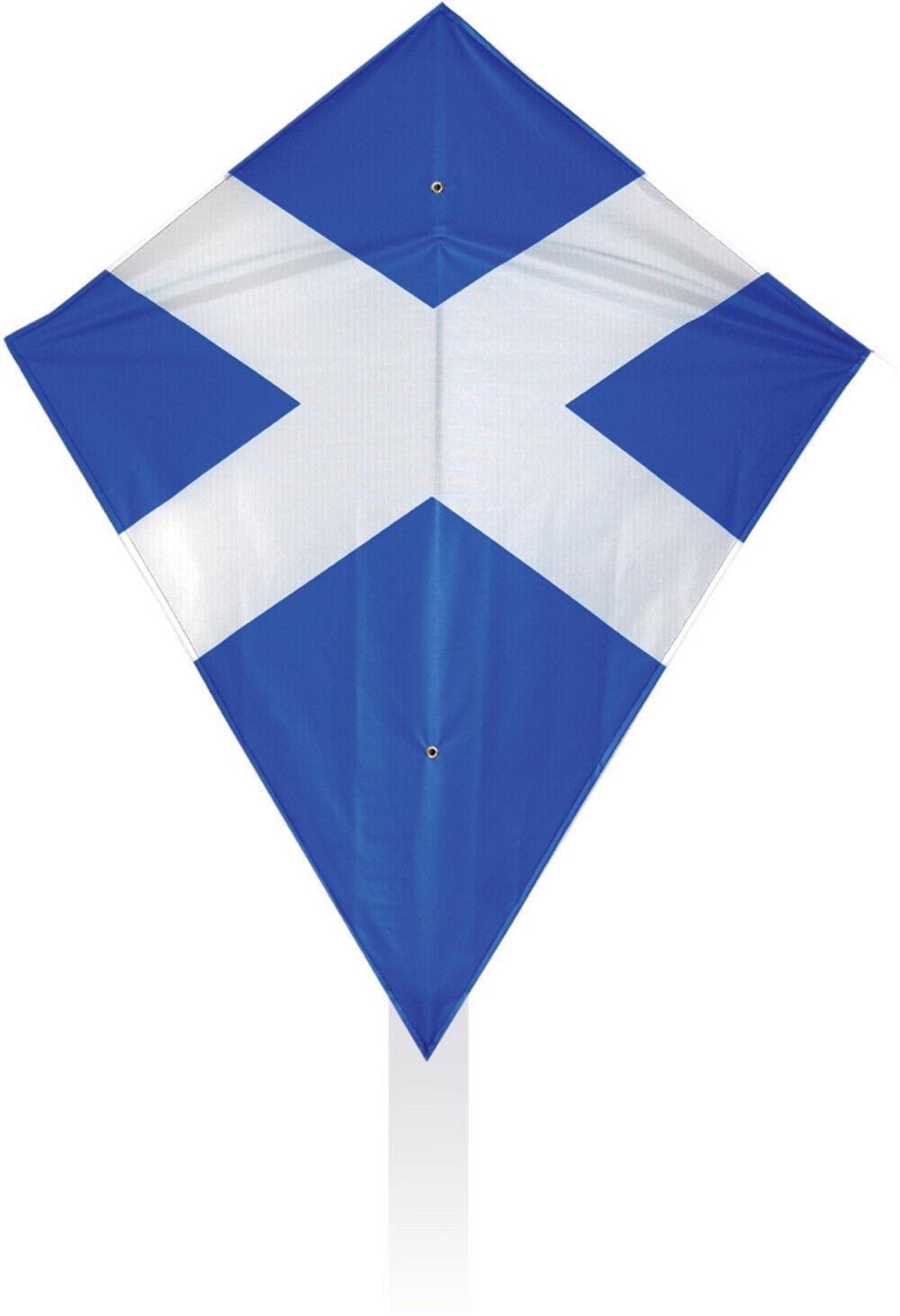 Diamond-shaped kite with Scotland's blue and white Saltire flag.
