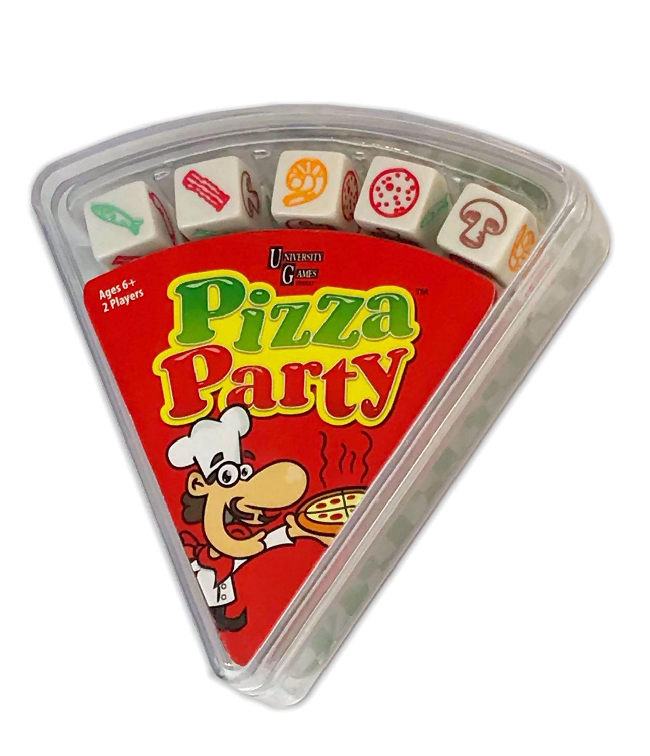 Pizza-slice shaped clear box containing five dice with food items on each side and a red cover reading "Pizza Party" and a cartoon chef with white hat below.