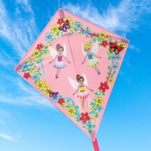 Pink diamond-shaped kite with a floral pattern around the edge and fairies int he centre.