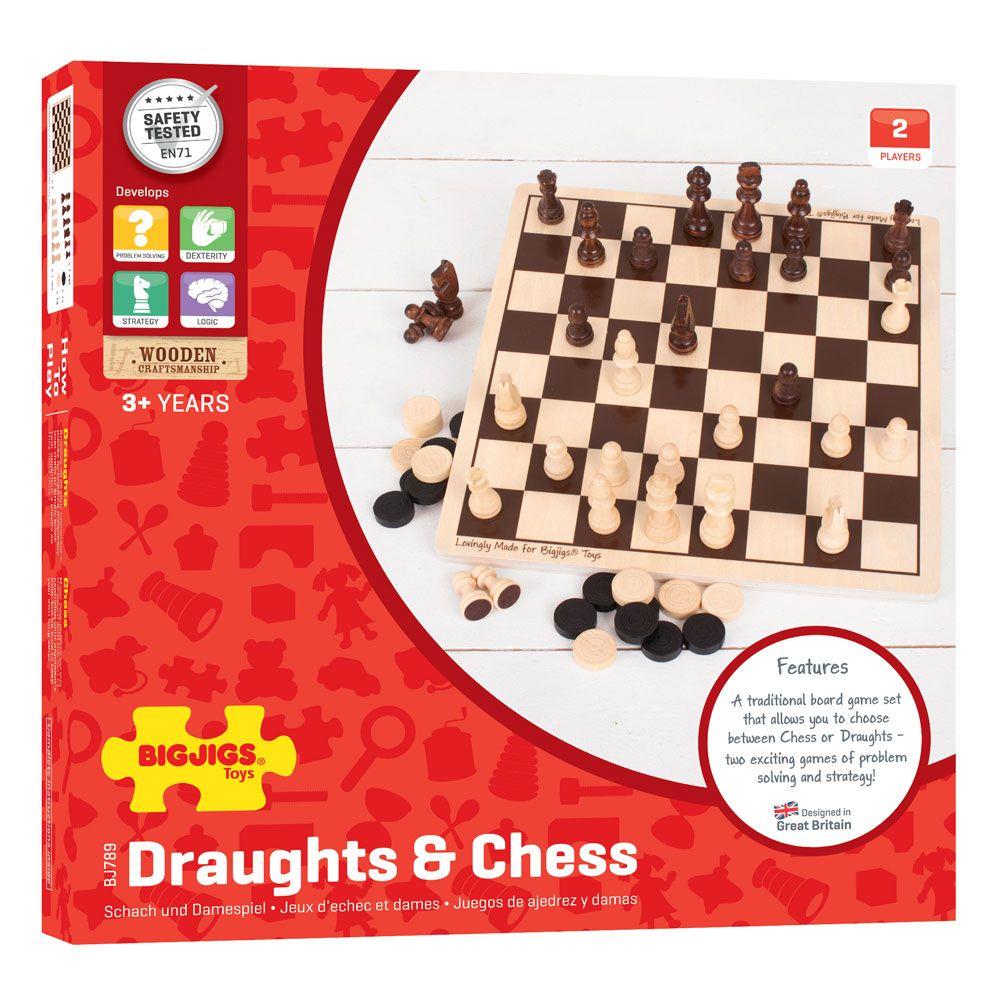 Red cardboard box containing wooden chess and draughts set