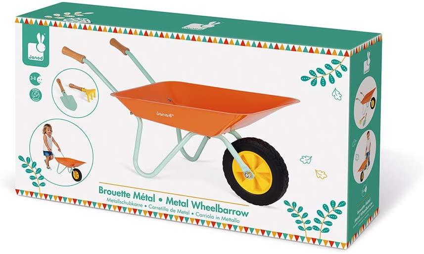 Box containing the orange metal child's wheelbarrow.