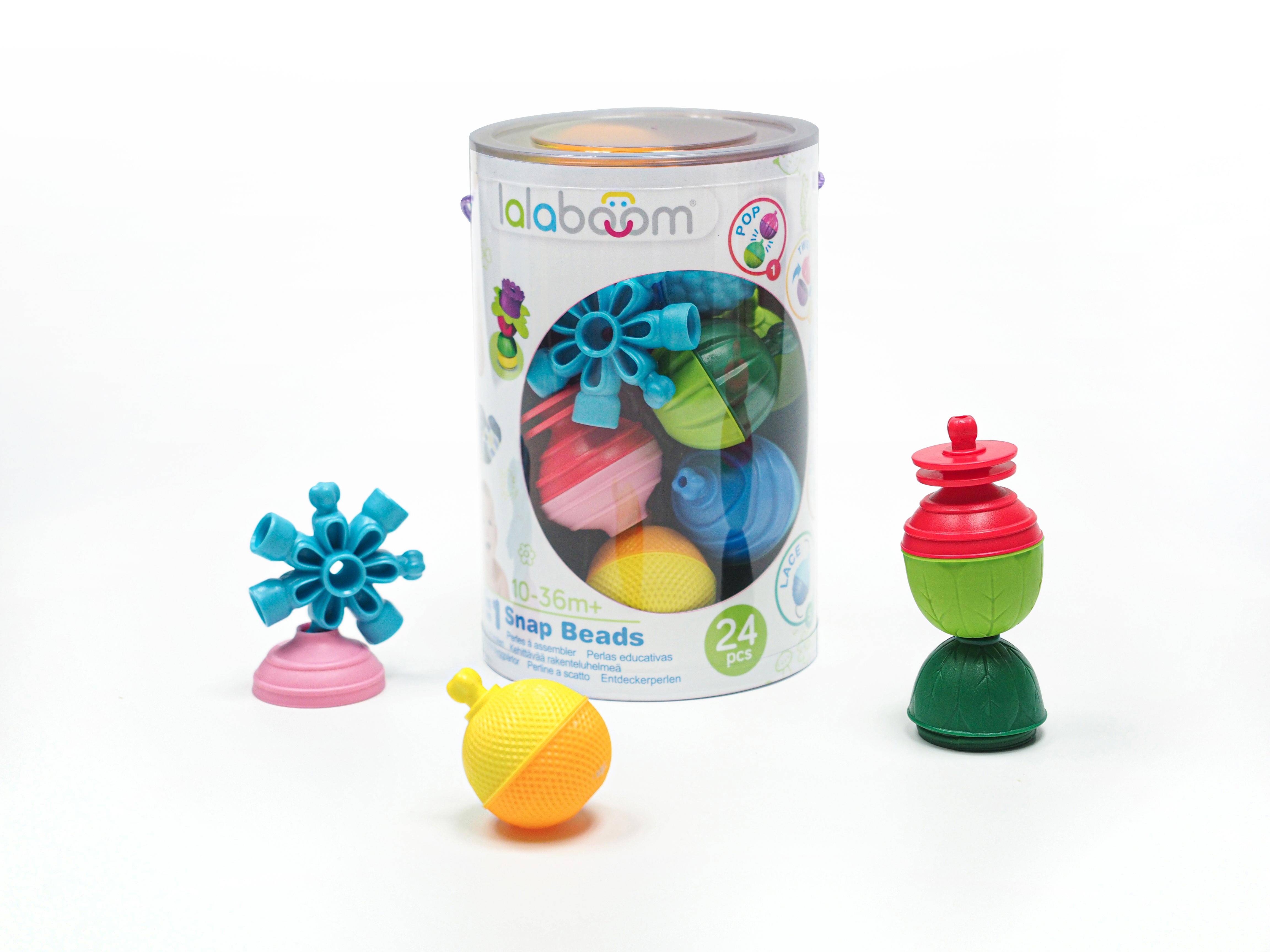 Packaging showing Lalaboom's snap-together, bright & colourful beads.