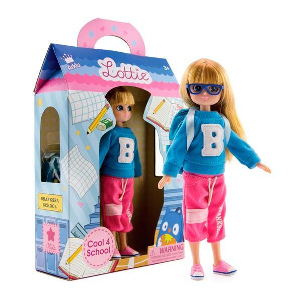 Packaging with Cool 4 School Lottie inside and a doll 'standing' beside it.