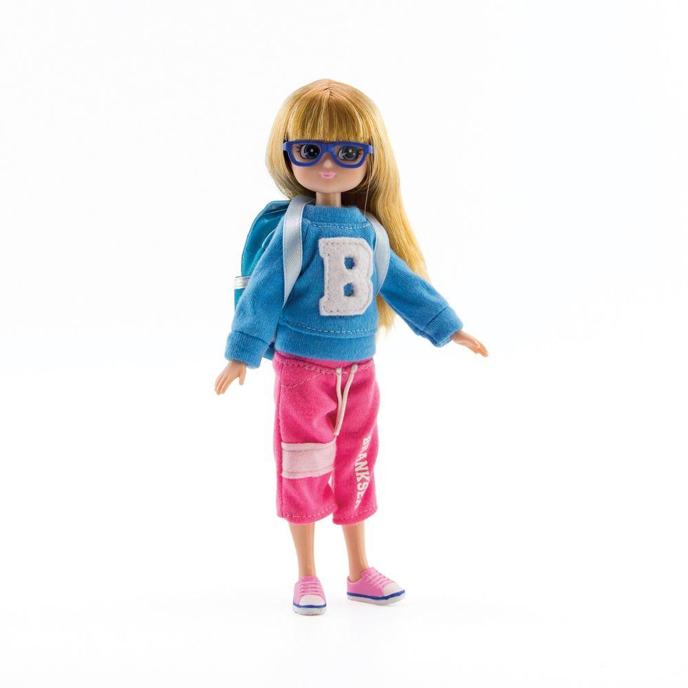 Lottie Doll dressed ready for school with blue sweatshirt with 'B' on the front, pink short trousers, her glasses and backpack ready to meet her new teacher.