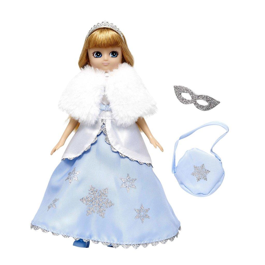 Lottie Snow Day Doll wearing long satin dress, a white fur shrug and a silver tiara.