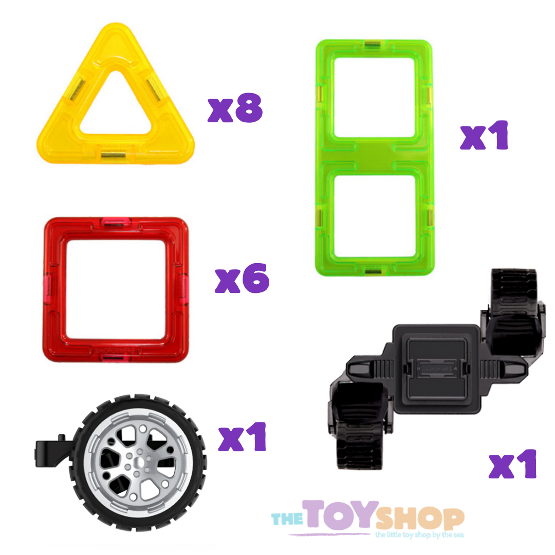 Image of and number of each piece in the Magformers Transform Wheel Set.